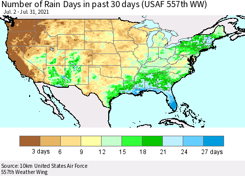 United States Number of Rain Days in past 30 days (USAF 557th WW) 07/31/2021 Thematic Map For 7/26/2021 - 7/31/2021