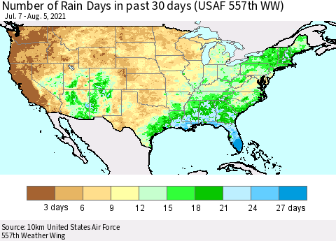 United States Number of Rain Days in past 30 days (USAF 557th WW) 08/05/2021 Thematic Map For 8/1/2021 - 8/5/2021