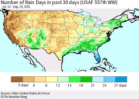 United States Number of Rain Days in past 30 days (USAF 557th WW) 08/10/2021 Thematic Map For 8/6/2021 - 8/10/2021
