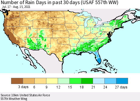 United States Number of Rain Days in past 30 days (USAF 557th WW) 08/15/2021 Thematic Map For 8/11/2021 - 8/15/2021