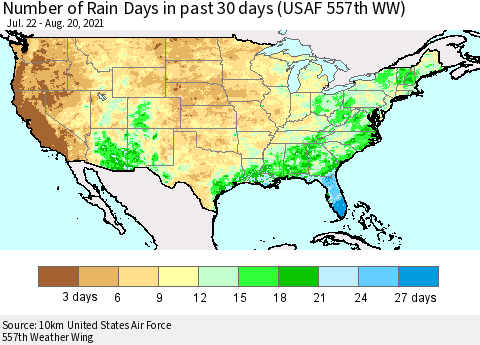 United States Number of Rain Days in past 30 days (USAF 557th WW) 08/20/2021 Thematic Map For 8/16/2021 - 8/20/2021