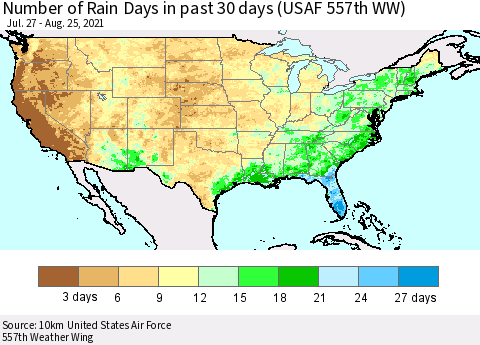 United States Number of Rain Days in past 30 days (USAF 557th WW) 08/25/2021 Thematic Map For 8/21/2021 - 8/25/2021