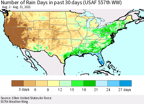 United States Number of Rain Days in past 30 days (USAF 557th WW) 08/31/2021 Thematic Map For 8/26/2021 - 8/31/2021