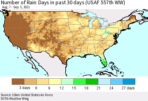 United States Number of Rain Days in past 30 days (USAF 557th WW) 09/05/2021 Thematic Map For 9/1/2021 - 9/5/2021