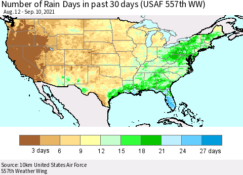United States Number of Rain Days in past 30 days (USAF 557th WW) 09/10/2021 Thematic Map For 9/6/2021 - 9/10/2021