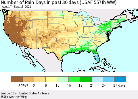 United States Number of Rain Days in past 30 days (USAF 557th WW) 09/15/2021 Thematic Map For 9/11/2021 - 9/15/2021