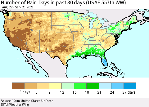 United States Number of Rain Days in past 30 days (USAF 557th WW) 09/20/2021 Thematic Map For 9/16/2021 - 9/20/2021