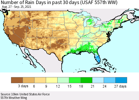 United States Number of Rain Days in past 30 days (USAF 557th WW) 09/25/2021 Thematic Map For 9/21/2021 - 9/25/2021