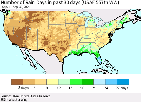 United States Number of Rain Days in past 30 days (USAF 557th WW) 09/30/2021 Thematic Map For 9/26/2021 - 9/30/2021