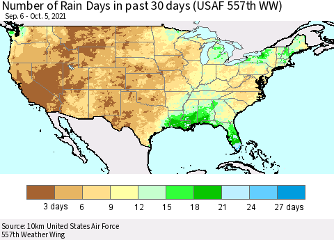 United States Number of Rain Days in past 30 days (USAF 557th WW) 10/05/2021 Thematic Map For 10/1/2021 - 10/5/2021