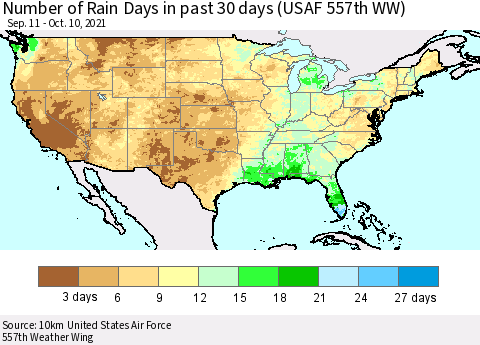 United States Number of Rain Days in past 30 days (USAF 557th WW) 10/10/2021 Thematic Map For 10/6/2021 - 10/10/2021