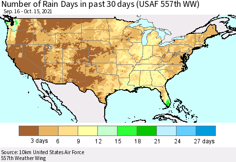 United States Number of Rain Days in past 30 days (USAF 557th WW) 10/15/2021 Thematic Map For 10/11/2021 - 10/15/2021