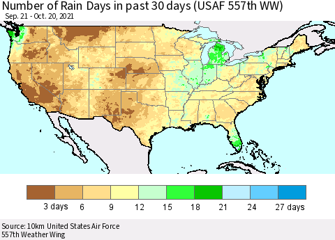 United States Number of Rain Days in past 30 days (USAF 557th WW) 10/20/2021 Thematic Map For 10/16/2021 - 10/20/2021