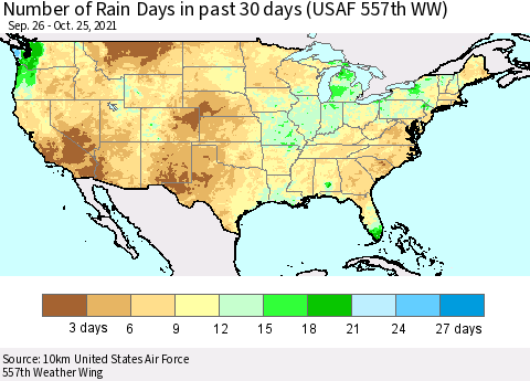 United States Number of Rain Days in past 30 days (USAF 557th WW) 10/25/2021 Thematic Map For 10/21/2021 - 10/25/2021