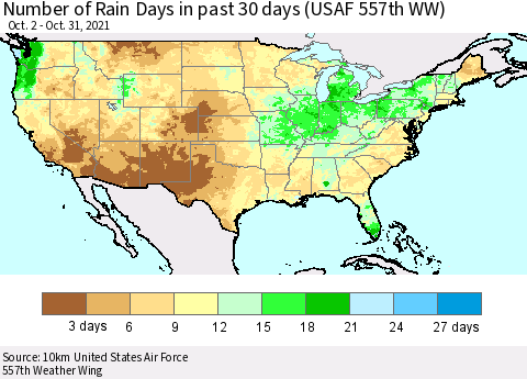 United States Number of Rain Days in past 30 days (USAF 557th WW) 10/31/2021 Thematic Map For 10/26/2021 - 10/31/2021