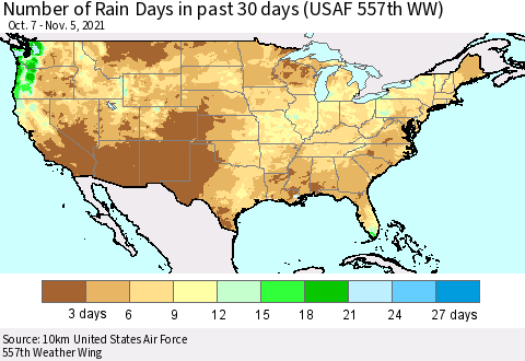 United States Number of Rain Days in past 30 days (USAF 557th WW) 11/05/2021 Thematic Map For 11/1/2021 - 11/5/2021