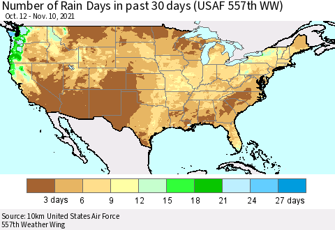 United States Number of Rain Days in past 30 days (USAF 557th WW) 11/10/2021 Thematic Map For 11/6/2021 - 11/10/2021