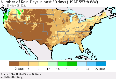 United States Number of Rain Days in past 30 days (USAF 557th WW) 11/25/2021 Thematic Map For 11/21/2021 - 11/25/2021