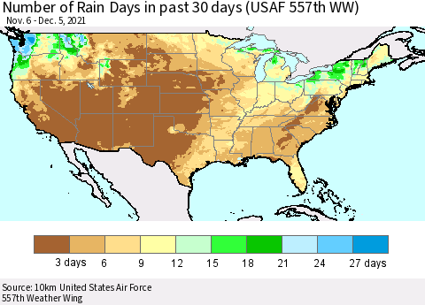 United States Number of Rain Days in past 30 days (USAF 557th WW) 12/05/2021 Thematic Map For 12/1/2021 - 12/5/2021