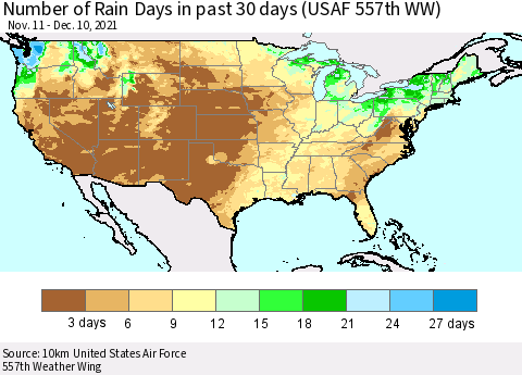 United States Number of Rain Days in past 30 days (USAF 557th WW) 12/10/2021 Thematic Map For 12/6/2021 - 12/10/2021