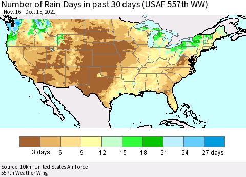 United States Number of Rain Days in past 30 days (USAF 557th WW) 12/15/2021 Thematic Map For 12/11/2021 - 12/15/2021