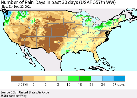 United States Number of Rain Days in past 30 days (USAF 557th WW) 12/20/2021 Thematic Map For 12/16/2021 - 12/20/2021