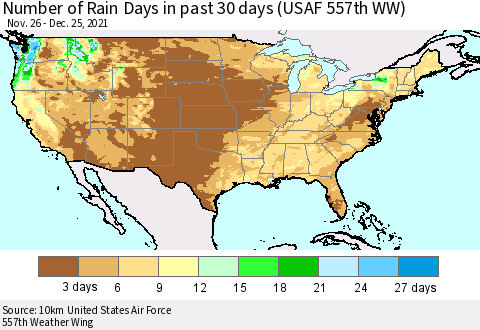 United States Number of Rain Days in past 30 days (USAF 557th WW) 12/25/2021 Thematic Map For 12/21/2021 - 12/25/2021