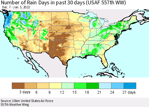 United States Number of Rain Days in past 30 days (USAF 557th WW) 01/05/2022 Thematic Map For 1/1/2022 - 1/5/2022