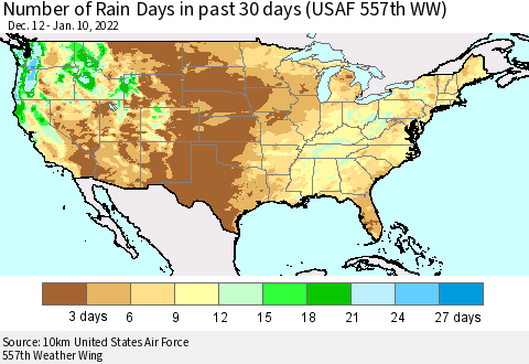 United States Number of Rain Days in past 30 days (USAF 557th WW) 01/10/2022 Thematic Map For 1/6/2022 - 1/10/2022