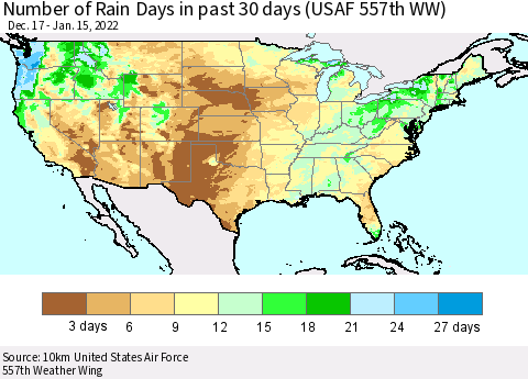 United States Number of Rain Days in past 30 days (USAF 557th WW) 01/15/2022 Thematic Map For 1/11/2022 - 1/15/2022