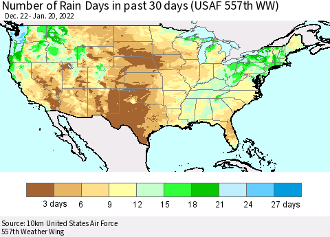 United States Number of Rain Days in past 30 days (USAF 557th WW) 01/20/2022 Thematic Map For 1/16/2022 - 1/20/2022