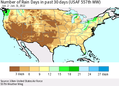 United States Number of Rain Days in past 30 days (USAF 557th WW) 01/31/2022 Thematic Map For 1/26/2022 - 1/31/2022