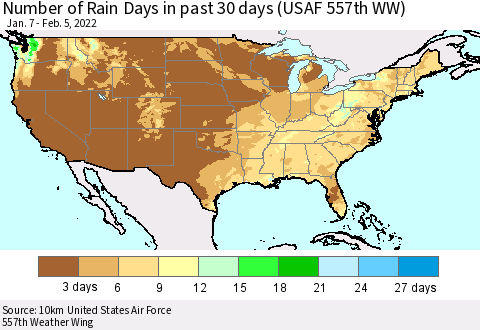 United States Number of Rain Days in past 30 days (USAF 557th WW) 02/05/2022 Thematic Map For 2/1/2022 - 2/5/2022