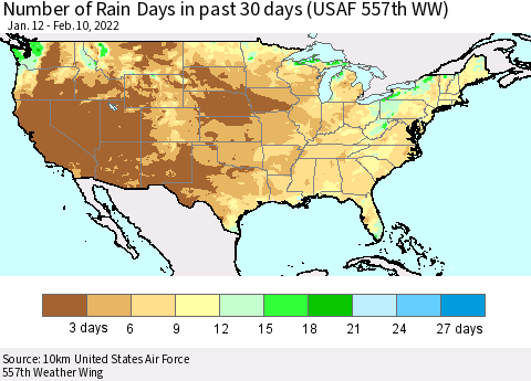 United States Number of Rain Days in past 30 days (USAF 557th WW) 02/10/2022 Thematic Map For 2/6/2022 - 2/10/2022