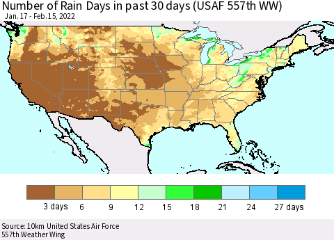 United States Number of Rain Days in past 30 days (USAF 557th WW) 02/15/2022 Thematic Map For 2/11/2022 - 2/15/2022