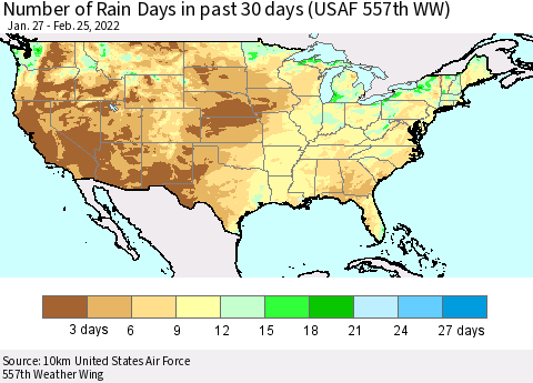 United States Number of Rain Days in past 30 days (USAF 557th WW) 02/25/2022 Thematic Map For 2/21/2022 - 2/25/2022