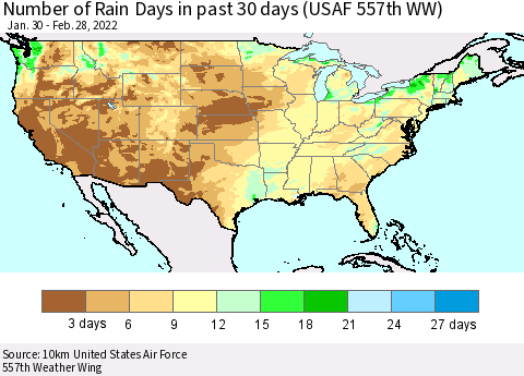 United States Number of Rain Days in past 30 days (USAF 557th WW) 02/28/2022 Thematic Map For 2/26/2022 - 2/28/2022