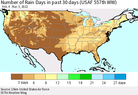 United States Number of Rain Days in past 30 days (USAF 557th WW) 03/05/2022 Thematic Map For 3/1/2022 - 3/5/2022