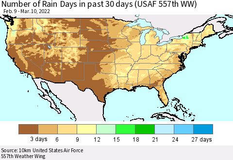 United States Number of Rain Days in past 30 days (USAF 557th WW) 03/10/2022 Thematic Map For 3/6/2022 - 3/10/2022