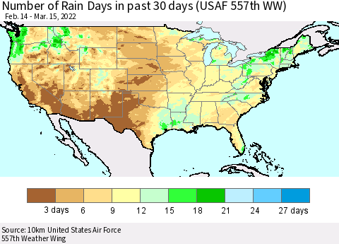 United States Number of Rain Days in past 30 days (USAF 557th WW) 03/15/2022 Thematic Map For 3/11/2022 - 3/15/2022