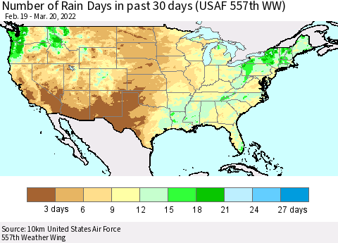 United States Number of Rain Days in past 30 days (USAF 557th WW) 03/20/2022 Thematic Map For 3/16/2022 - 3/20/2022