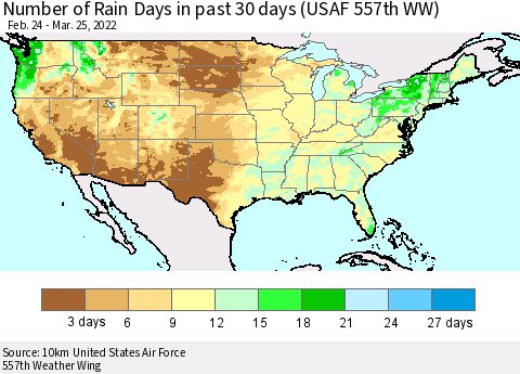 United States Number of Rain Days in past 30 days (USAF 557th WW) 03/25/2022 Thematic Map For 3/21/2022 - 3/25/2022