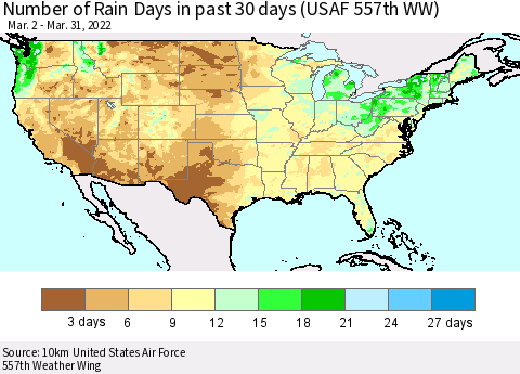 United States Number of Rain Days in past 30 days (USAF 557th WW) 03/31/2022 Thematic Map For 3/26/2022 - 3/31/2022