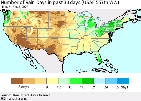 United States Number of Rain Days in past 30 days (USAF 557th WW) 04/05/2022 Thematic Map For 4/1/2022 - 4/5/2022