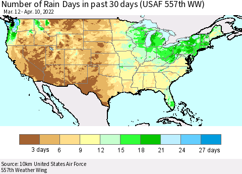 United States Number of Rain Days in past 30 days (USAF 557th WW) 04/10/2022 Thematic Map For 4/6/2022 - 4/10/2022