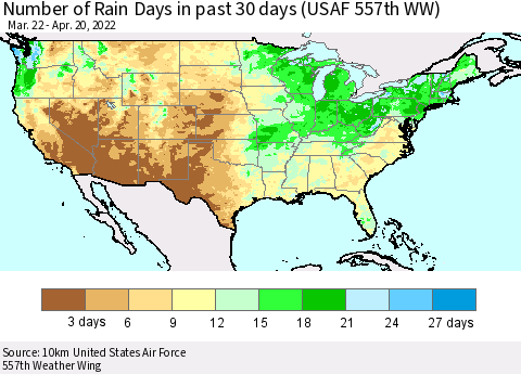 United States Number of Rain Days in past 30 days (USAF 557th WW) 04/20/2022 Thematic Map For 4/16/2022 - 4/20/2022