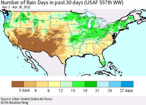United States Number of Rain Days in past 30 days (USAF 557th WW) 04/30/2022 Thematic Map For 4/26/2022 - 4/30/2022