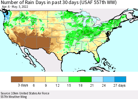 United States Number of Rain Days in past 30 days (USAF 557th WW) 05/05/2022 Thematic Map For 5/1/2022 - 5/5/2022