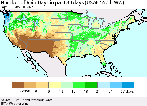 United States Number of Rain Days in past 30 days (USAF 557th WW) 05/10/2022 Thematic Map For 5/6/2022 - 5/10/2022