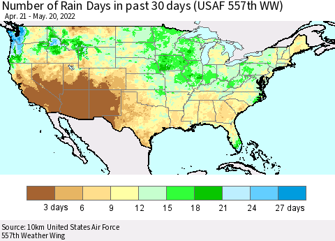 United States Number of Rain Days in past 30 days (USAF 557th WW) 05/20/2022 Thematic Map For 5/16/2022 - 5/20/2022